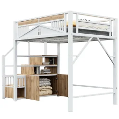 Lit mezzanine 140x200 cm avec rangement sous marches, garde-corps fenêtre et structure métal/bois><noscript><img width=