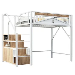 Lit mezzanine 140x200 cm avec rangement sous marches, garde-corps fenêtre et structure métal/bois><noscript><img width=