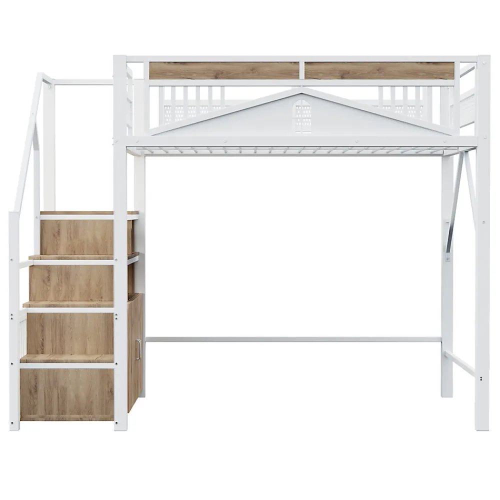 Lit mezzanine 140x200 cm avec rangement sous marches, garde-corps fenêtre et structure métal/bois>Redom Outlet