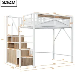 Lit mezzanine 140x200 cm avec rangement sous marches, garde-corps fenêtre et structure métal/bois><noscript><img width=