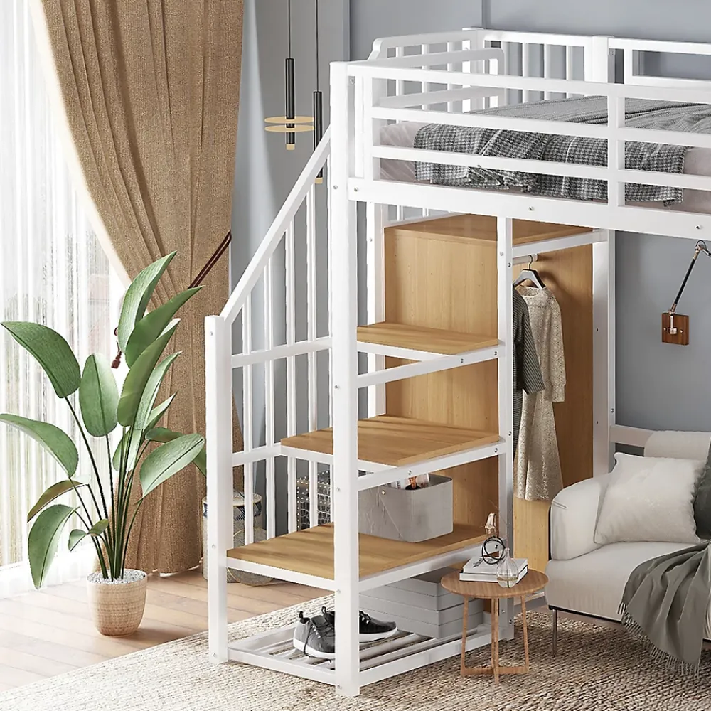 ModernLuxe Lit mezzanine 90x200 cm avec étagère de rangement et roulettes - cintre et échelle - Métal+MDF - Blanc+Naturel(sans matelas)* Lit Mezzanine