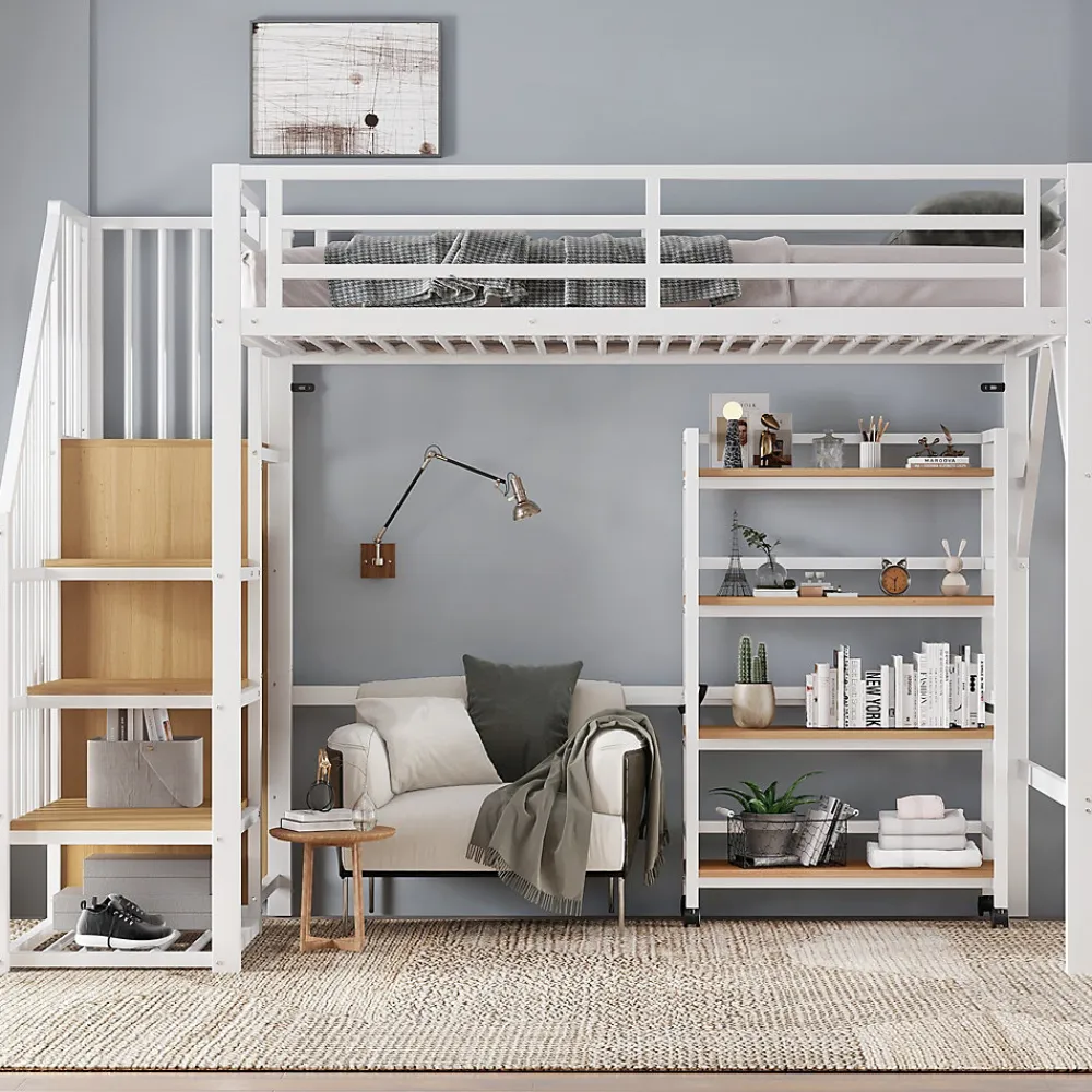 ModernLuxe Lit mezzanine 90x200 cm avec étagère de rangement et roulettes - cintre et échelle - Métal+MDF - Blanc+Naturel(sans matelas)* Lit Mezzanine