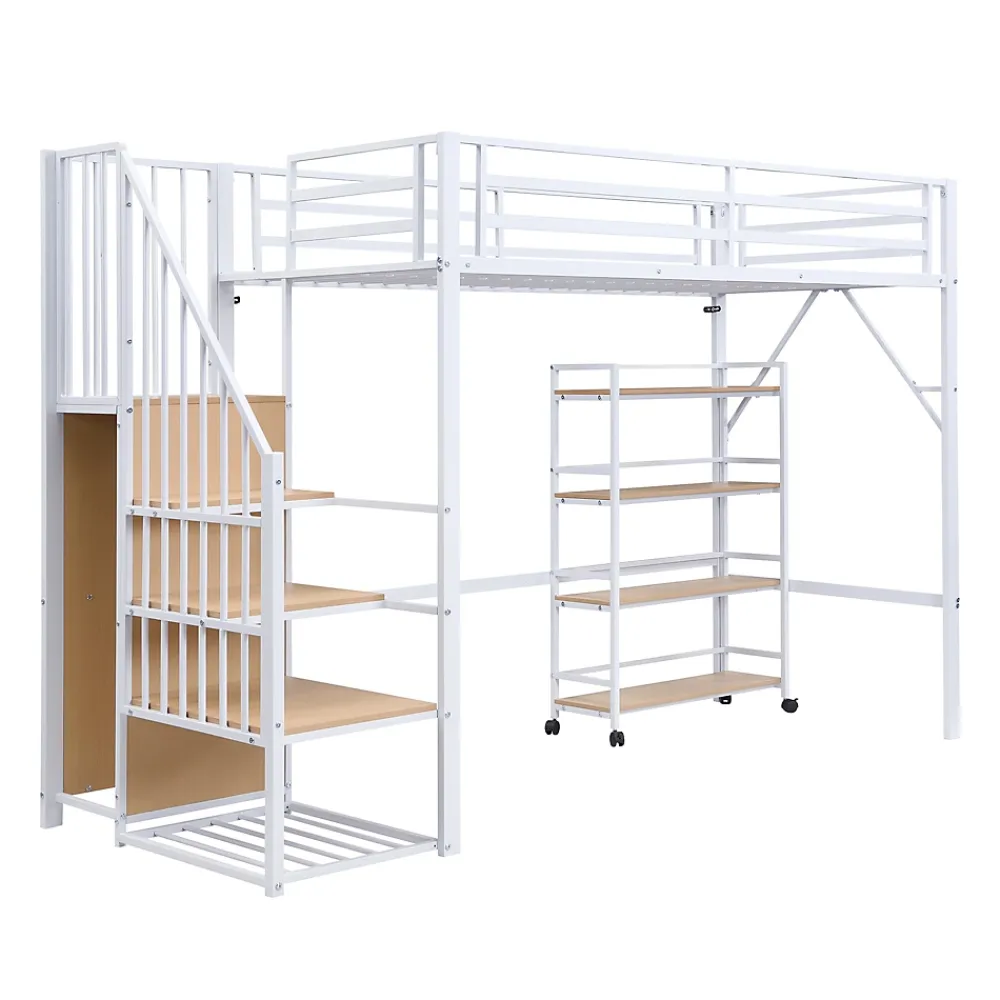 ModernLuxe Lit mezzanine 90x200 cm avec étagère de rangement et roulettes - cintre et échelle - Métal+MDF - Blanc+Naturel(sans matelas)* Lit Mezzanine
