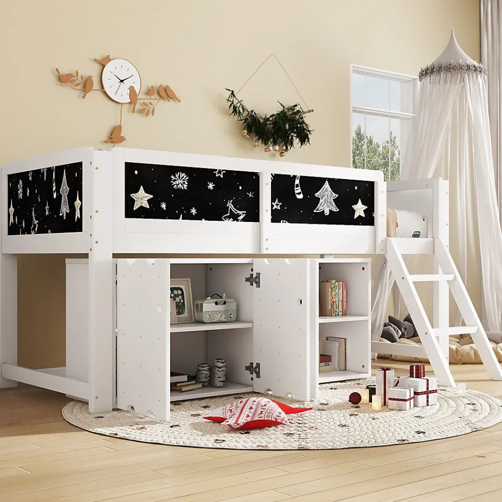 Lit mezzanine 90x200 cm avec tableau noir - avec 3 portes et une échelle - bois massif+MDF - Blanc(sans matelas)>ModernLuxe Discount