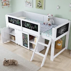 Lit mezzanine 90x200 cm avec tableau noir - avec 3 portes et une échelle - bois massif+MDF - Blanc(sans matelas)>ModernLuxe Discount