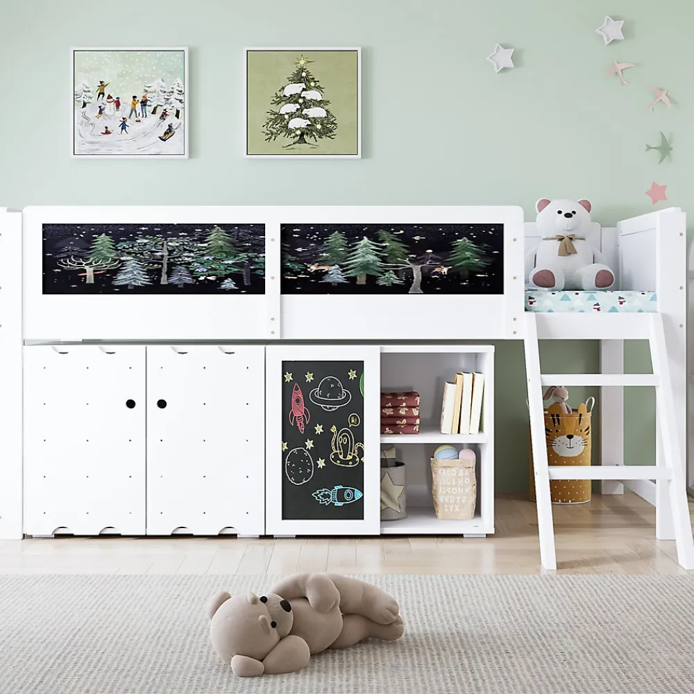 Lit mezzanine 90x200 cm avec tableau noir - avec 3 portes et une échelle - bois massif+MDF - Blanc(sans matelas)>ModernLuxe Discount