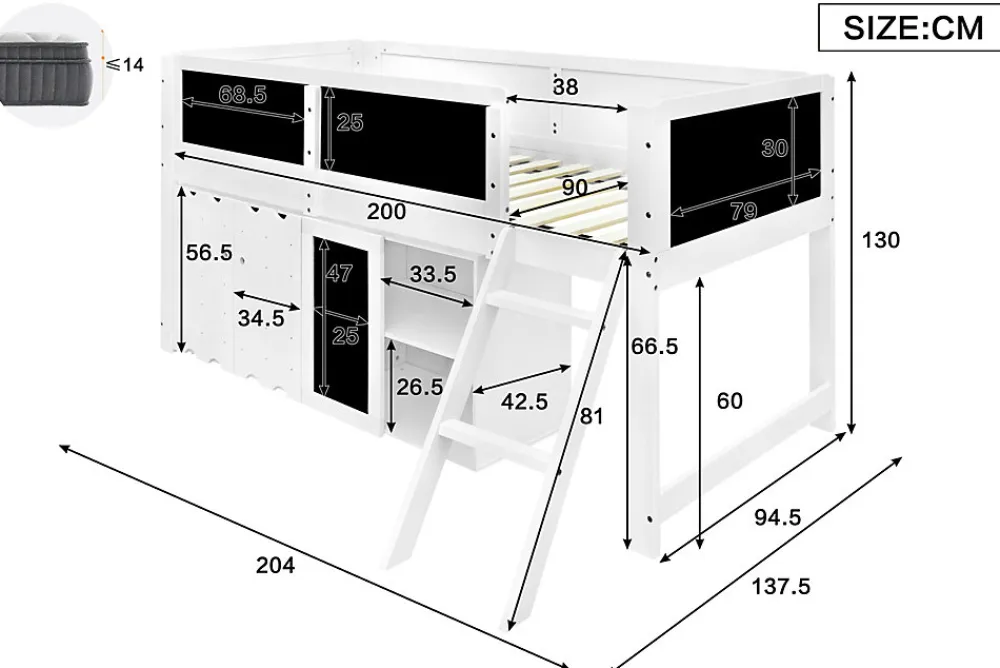 Lit mezzanine 90x200 cm avec tableau noir - avec 3 portes et une échelle - bois massif+MDF - Blanc(sans matelas)>ModernLuxe Discount
