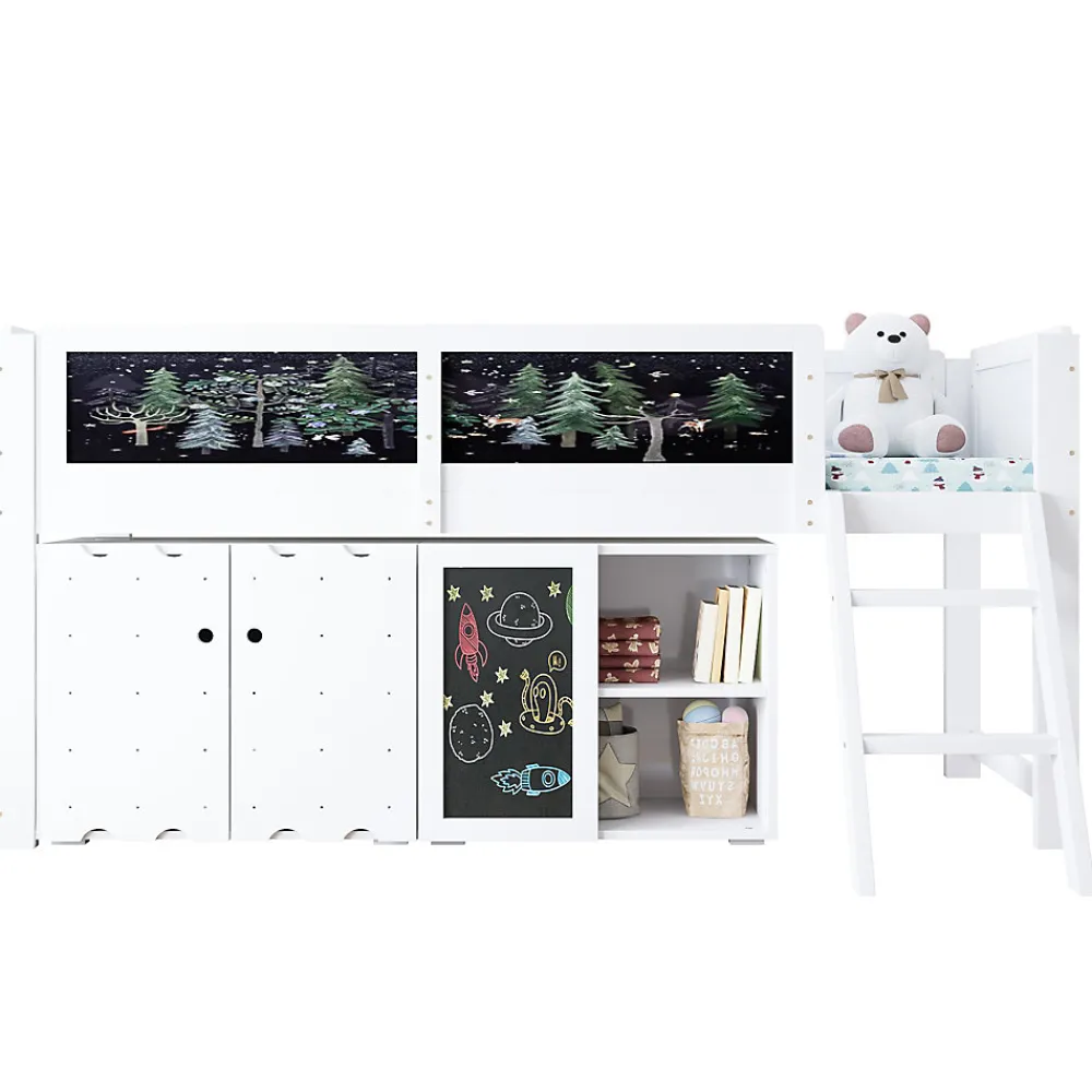 Lit mezzanine 90x200 cm avec tableau noir - avec 3 portes et une échelle - bois massif+MDF - Blanc(sans matelas)>ModernLuxe Discount
