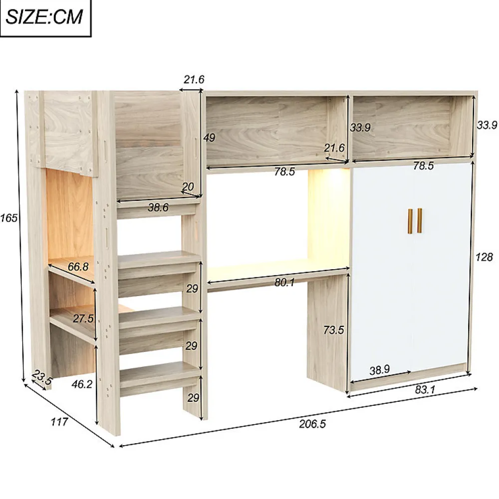 ModernLuxe Lit mezzanine 90x200 cm avec un bureau et une armoire - avec des étagères - avec LED - naturel (matelas non inclus)* Lit Mezzanine