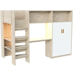 ModernLuxe Lit mezzanine 90x200 cm avec un bureau et une armoire - avec des étagères - avec LED - naturel (matelas non inclus)* Lit Mezzanine