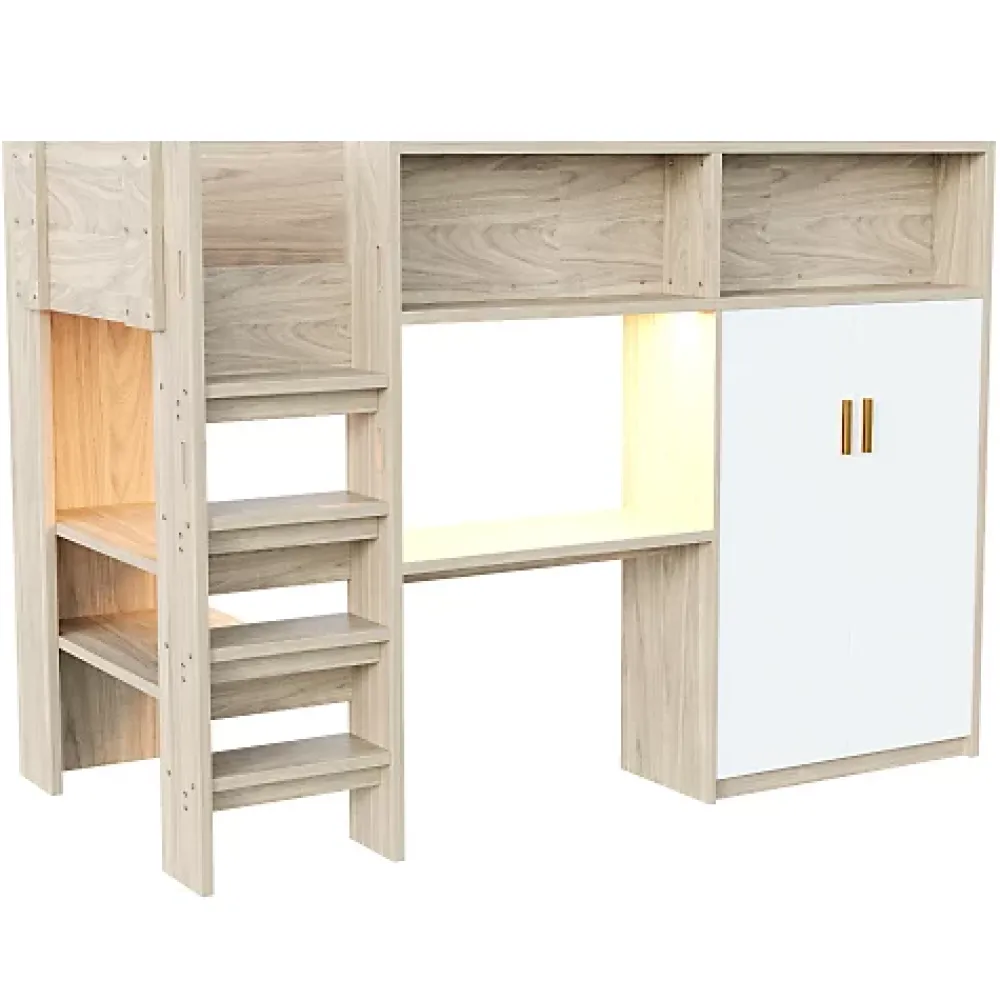 ModernLuxe Lit mezzanine 90x200 cm avec un bureau et une armoire - avec des étagères - avec LED - naturel (matelas non inclus)* Lit Mezzanine