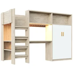 ModernLuxe Lit mezzanine 90x200 cm avec un bureau et une armoire - avec des étagères - avec LED - naturel (matelas non inclus)* Lit Mezzanine