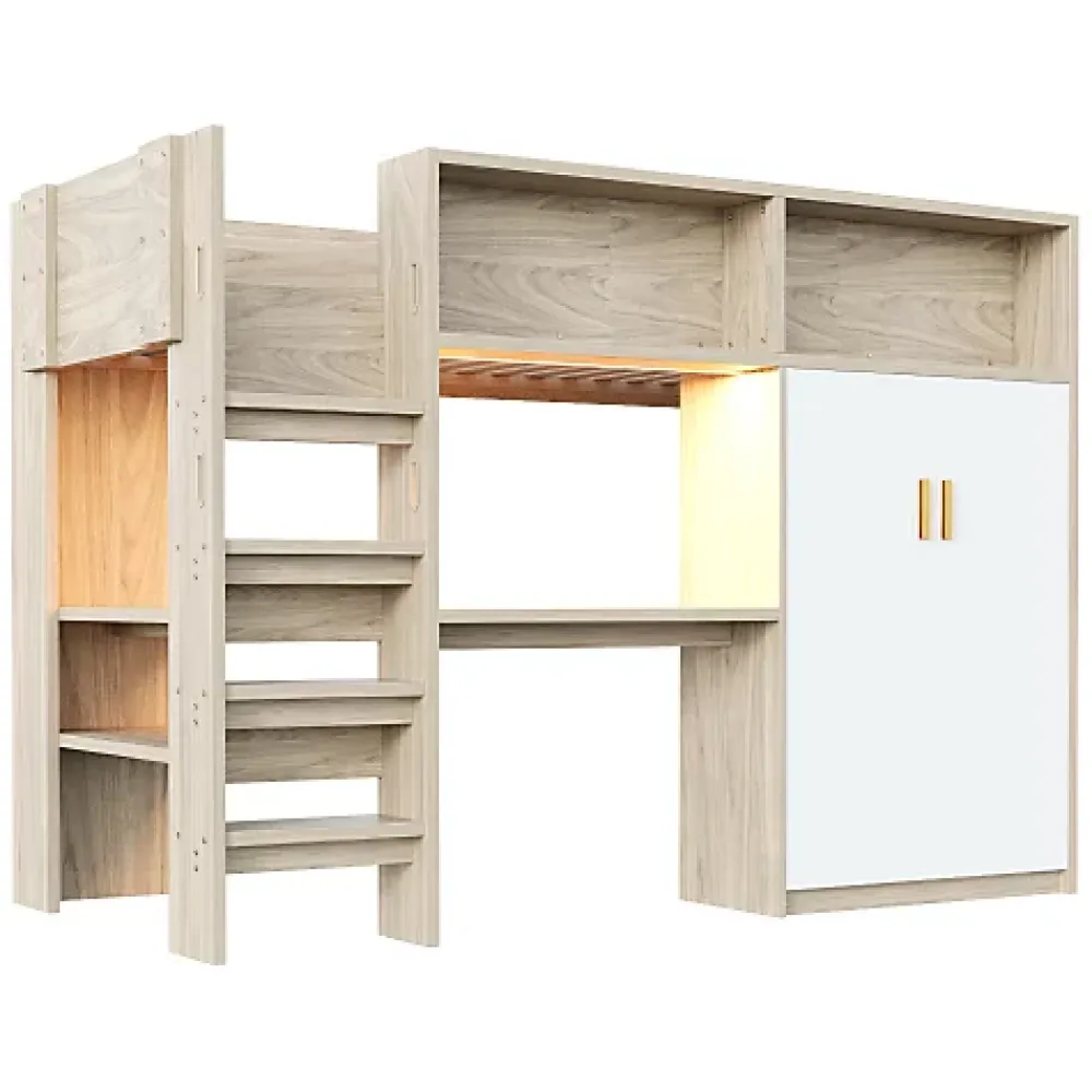 ModernLuxe Lit mezzanine 90x200 cm avec un bureau et une armoire - avec des étagères - avec LED - naturel (matelas non inclus)* Lit Mezzanine