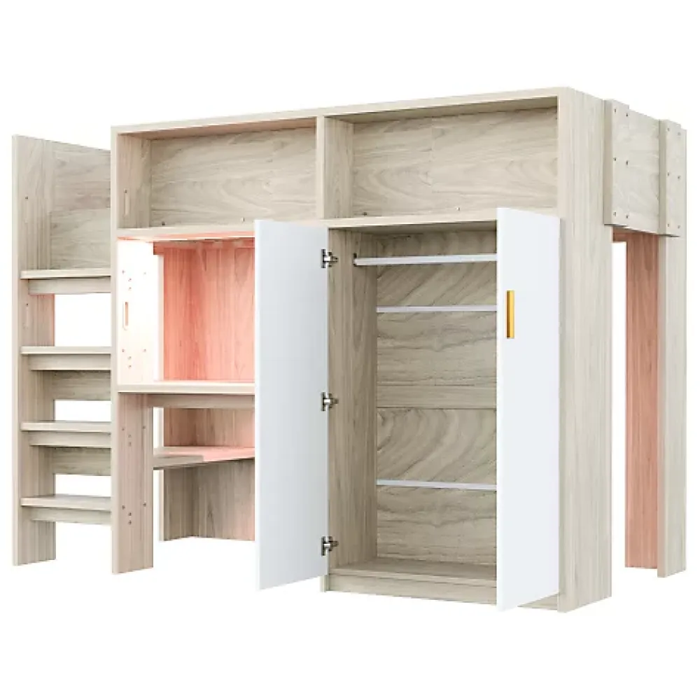 ModernLuxe Lit mezzanine 90x200 cm avec un bureau et une armoire - avec des étagères - avec LED - naturel (matelas non inclus)* Lit Mezzanine