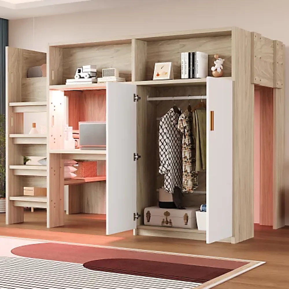 ModernLuxe Lit mezzanine 90x200 cm avec un bureau et une armoire - avec des étagères - avec LED - naturel (matelas non inclus)* Lit Mezzanine