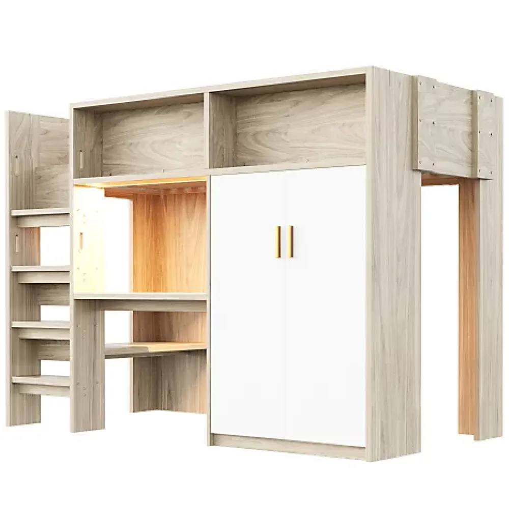 ModernLuxe Lit mezzanine 90x200 cm avec un bureau et une armoire - avec des étagères - avec LED - naturel (matelas non inclus)* Lit Mezzanine