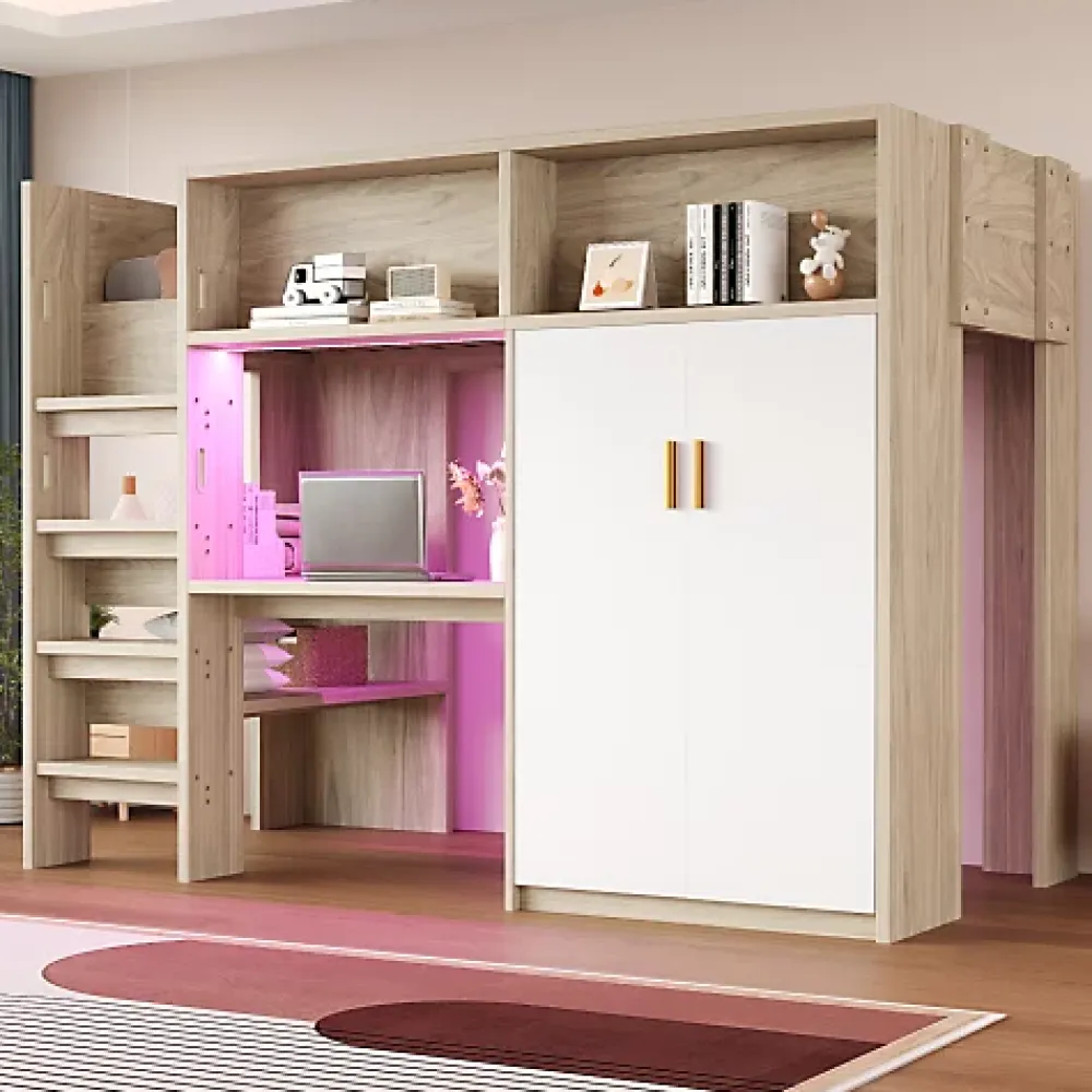 ModernLuxe Lit mezzanine 90x200 cm avec un bureau et une armoire - avec des étagères - avec LED - naturel (matelas non inclus)* Lit Mezzanine