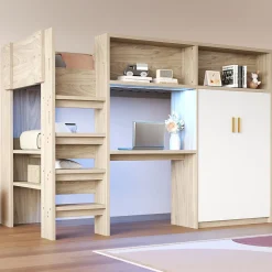 ModernLuxe Lit mezzanine 90x200 cm avec un bureau et une armoire - avec des étagères - avec LED - naturel (matelas non inclus)* Lit Mezzanine
