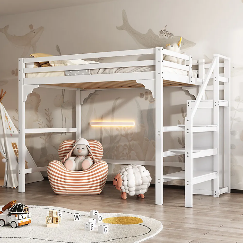 Aapaas Lit mezzanine 140x200 cm blanc avec sommier, echelle, armoire et rangement integre pour chambre d adolescent*Enfant Lit Enfant