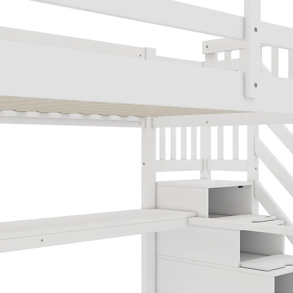 Aapaas Lit mezzanine 140x200 cm blanc avec tiroirs de rangement et bureau intégré sous le lit pour enfant*Enfant Lit Enfant