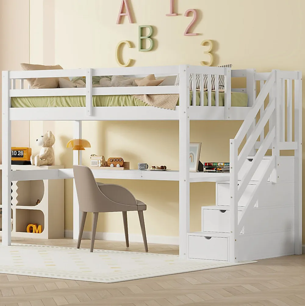 Lit mezzanine 90x200 cm blanc avec tiroirs de rangement et bureau intégré sous le lit pour enfant>Aapaas New
