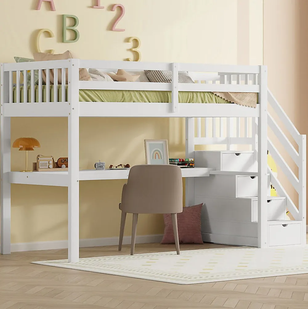 Lit mezzanine 90x200 cm blanc avec tiroirs de rangement et bureau intégré sous le lit pour enfant>Aapaas New