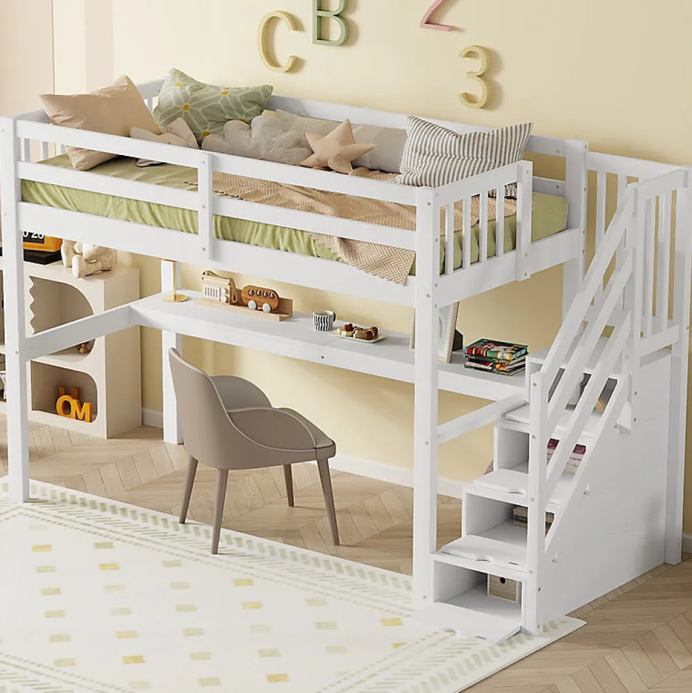 Lit mezzanine 90x200 cm blanc avec tiroirs de rangement et bureau intégré sous le lit pour enfant>Aapaas New