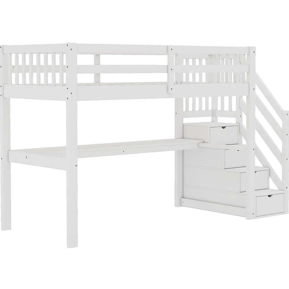 Lit mezzanine 90x200 cm blanc avec tiroirs de rangement et bureau intégré sous le lit pour enfant>Aapaas New