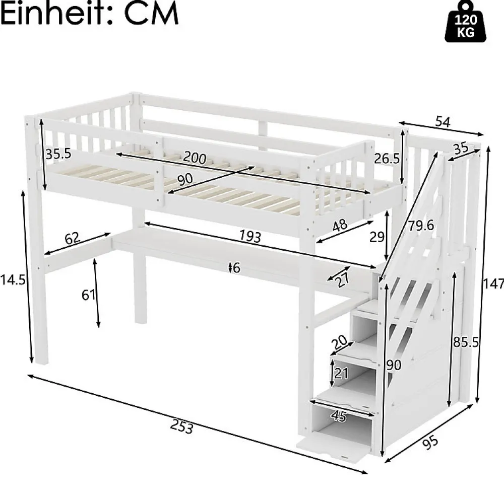 Lit mezzanine 90x200 cm blanc avec tiroirs de rangement et bureau intégré sous le lit pour enfant>Aapaas New