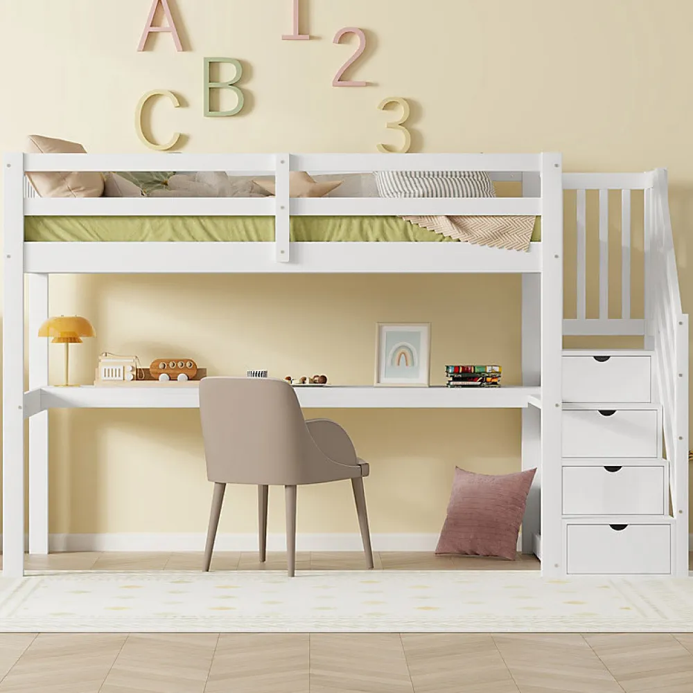 Lit mezzanine 90x200 cm blanc avec tiroirs de rangement et bureau intégré sous le lit pour enfant>Aapaas New