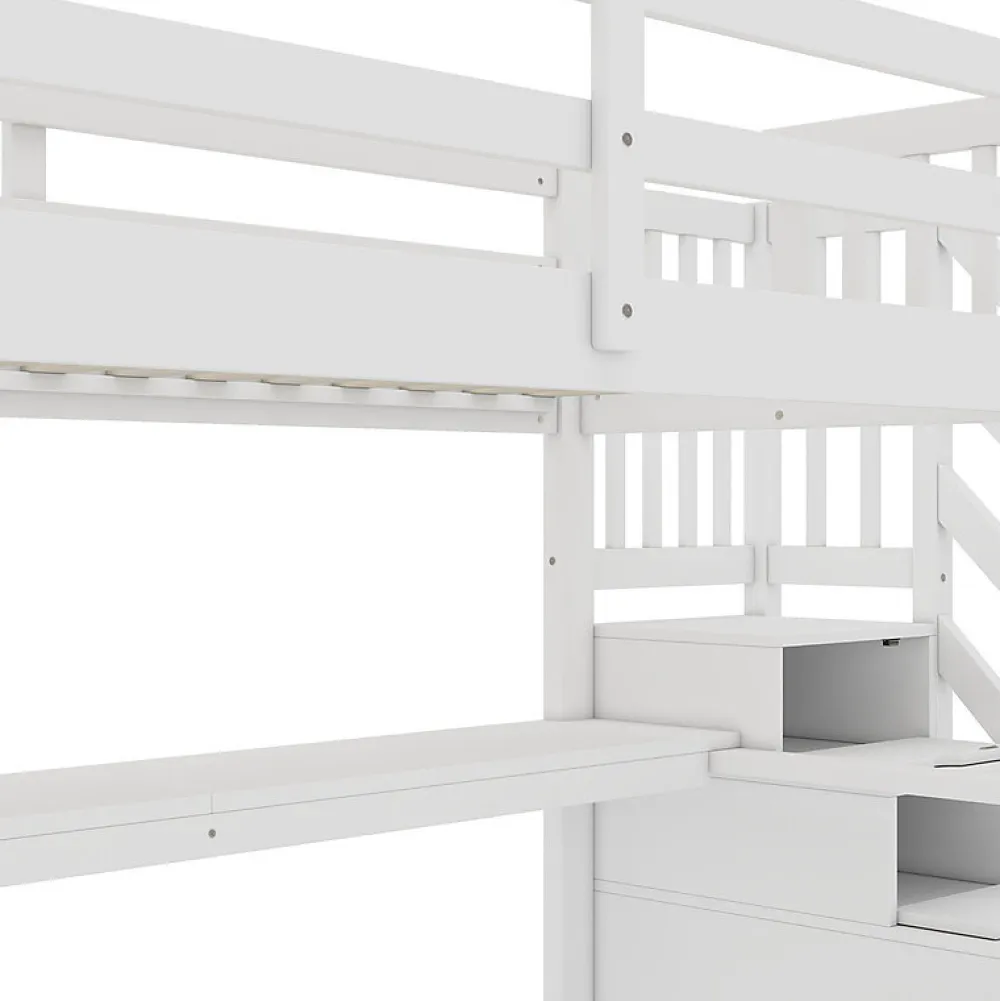 Lit mezzanine 90x200 cm blanc avec tiroirs de rangement et bureau intégré sous le lit pour enfant>Aapaas New