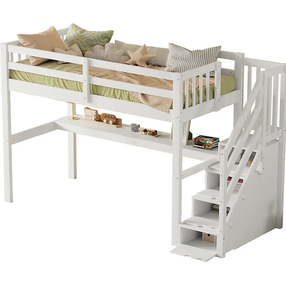 Lit mezzanine 90x200 cm blanc avec tiroirs de rangement et bureau intégré sous le lit pour enfant>Aapaas New