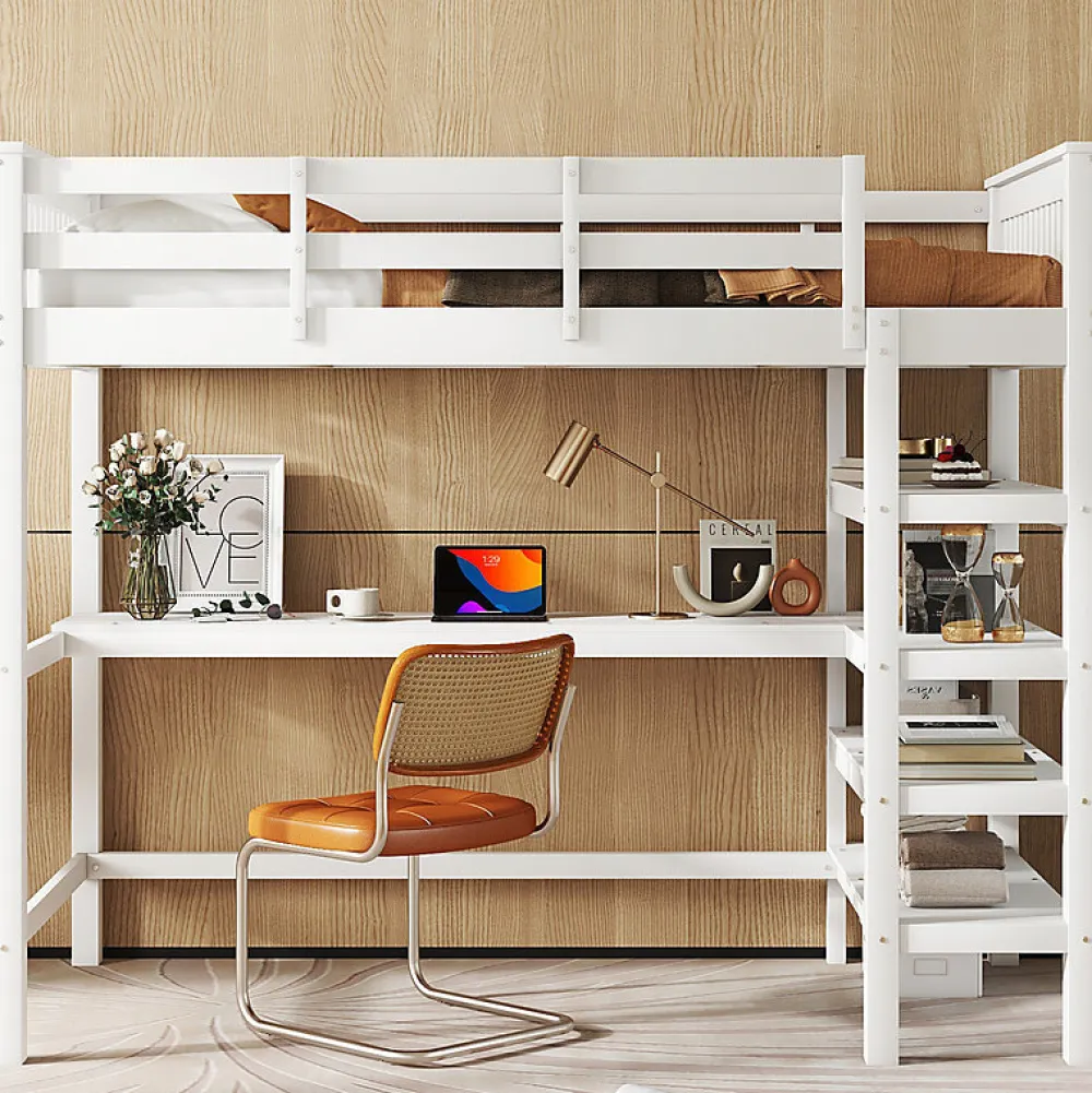 Lit mezzanine 90x200 cm blanc sans matelas avec bureau integre et etageres pour chambre denfant>Aapaas Hot