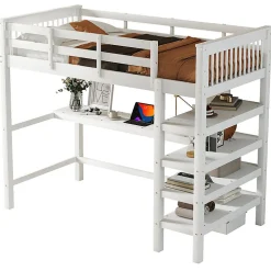 Lit mezzanine 90x200 cm blanc sans matelas avec bureau integre et etageres pour chambre denfant><noscript><img width=