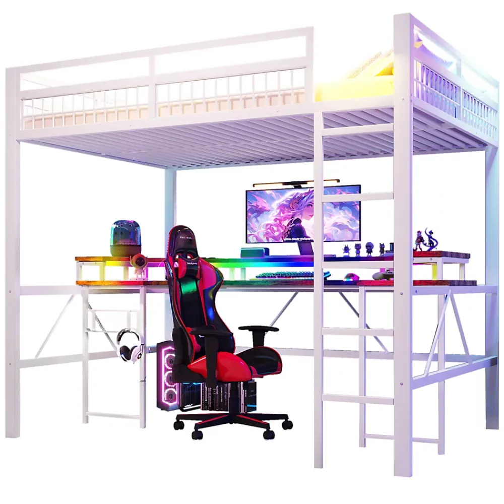 Okwish Lit Mezzanine 140x200 cm -Bureau Intégré, Éclairage LED Réglable, Panneau Perforé, Ports USB, Type-C et 2 Prises - Métal/MDF Blanc* Lit Mezzanine