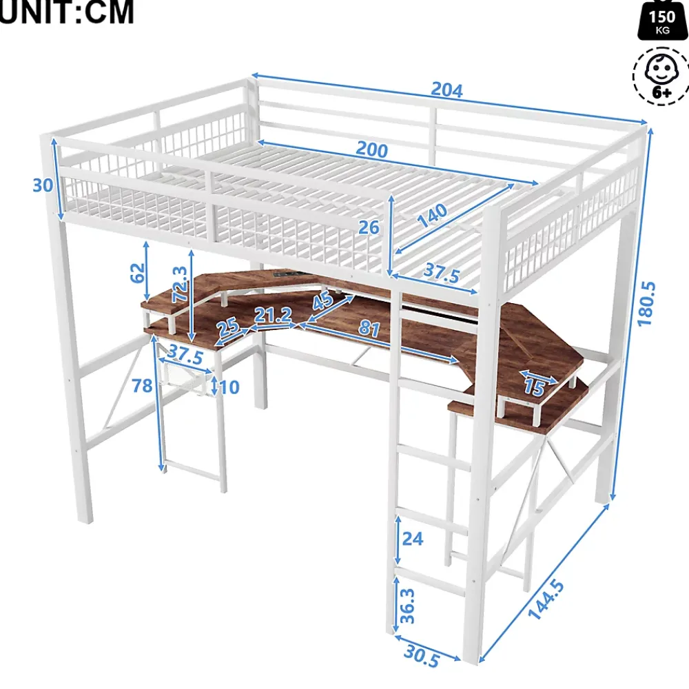Okwish Lit Mezzanine 140x200 cm -Bureau Intégré, Éclairage LED Réglable, Panneau Perforé, Ports USB, Type-C et 2 Prises - Métal/MDF Blanc* Lit Mezzanine