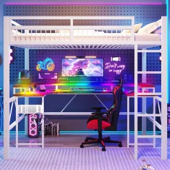 Okwish Lit Mezzanine 140x200 cm -Bureau Intégré, Éclairage LED Réglable, Panneau Perforé, Ports USB, Type-C et 2 Prises - Métal/MDF Blanc* Lit Mezzanine