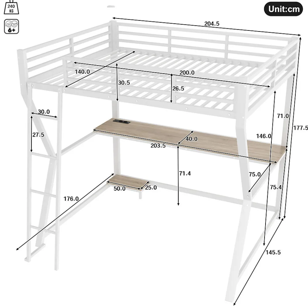 Lit mezzanine 140x200 cm déco avec bureau intégré, prises USB et LED, escalier sécurisé, métal+MDF blanc, sans matelas>Okwish Sale