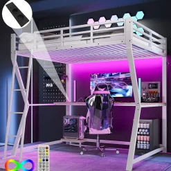Lit mezzanine 140x200 cm déco avec bureau intégré, prises USB et LED, escalier sécurisé, métal+MDF blanc, sans matelas><noscript><img width=
