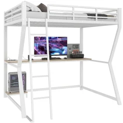 Lit mezzanine 140x200 cm déco avec bureau intégré, prises USB et LED, escalier sécurisé, métal+MDF blanc, sans matelas><noscript><img width=