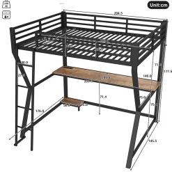 Lit mezzanine 140x200 cm déco avec bureau intégré, prises USB et LED, escalier sécurisé, métal+MDF noir, sans matelas><noscript><img width=