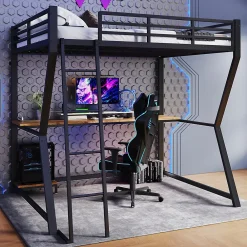 Lit mezzanine 140x200 cm déco avec bureau intégré, prises USB et LED, escalier sécurisé, métal+MDF noir, sans matelas><noscript><img width=