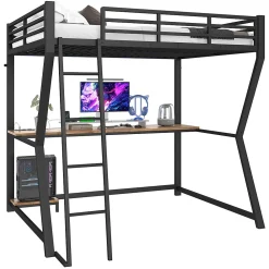 Lit mezzanine 140x200 cm déco avec bureau intégré, prises USB et LED, escalier sécurisé, métal+MDF noir, sans matelas><noscript><img width=