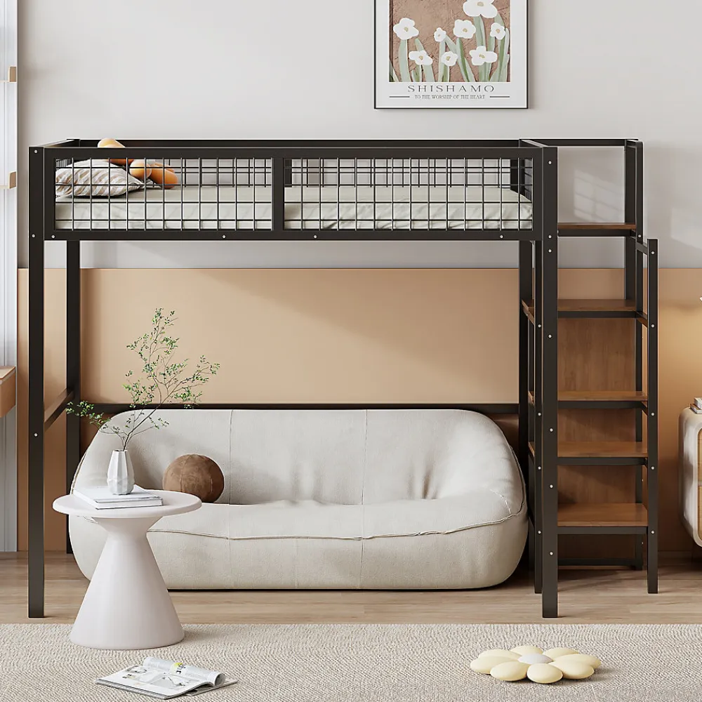 Lit mezzanine 140x200 cm double avec rangement et échelle de sécurité, structure métal et MDF noir, montage inclus, sans matelas>Okwish New