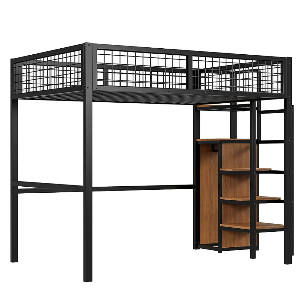 Lit mezzanine 140x200 cm double avec rangement et échelle de sécurité, structure métal et MDF noir, montage inclus, sans matelas>Okwish New