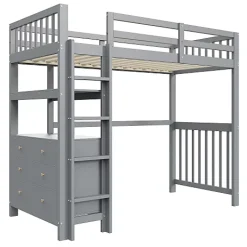 Aapaas Lit mezzanine 90x200 cm en bois de pin gris avec échelle verticale tiroirs étagères et sommier à lattes*Enfant Lit Enfant
