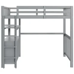 Aapaas Lit mezzanine 90x200 cm en bois de pin gris avec échelle verticale tiroirs étagères et sommier à lattes*Enfant Lit Enfant