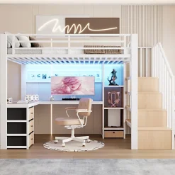 ModernLuxe Lit mezzanine 90x200 cm en fer - Compartiments de rangement - 4 tiroirs - LED - Bureau et escalier - Blanc (sans matelas)* Lit Mezzanine