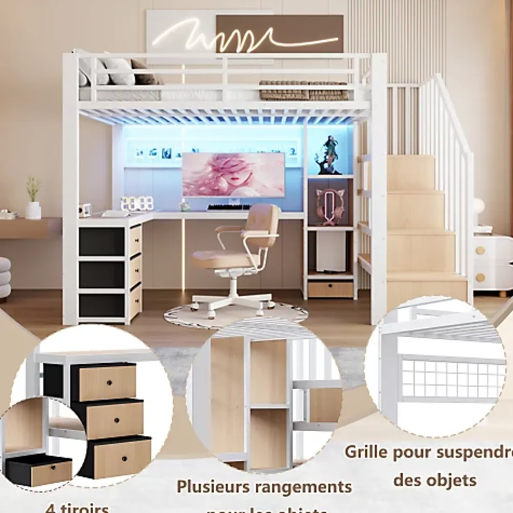 ModernLuxe Lit mezzanine 90x200 cm en fer - Compartiments de rangement - 4 tiroirs - LED - Bureau et escalier - Blanc (sans matelas)* Lit Mezzanine