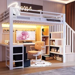 ModernLuxe Lit mezzanine 90x200 cm en fer - Compartiments de rangement - 4 tiroirs - LED - Bureau et escalier - Blanc (sans matelas)* Lit Mezzanine